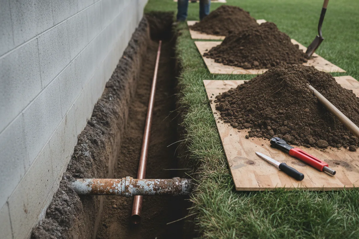 Excavated water line trench during Sewer Line Repair in Ware Shoals
